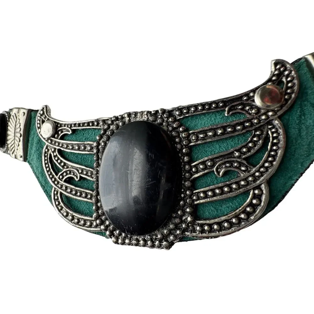 Vintage ‘90s Leatherock Green Leather Belt w/ Black Stone & Silver Detail
